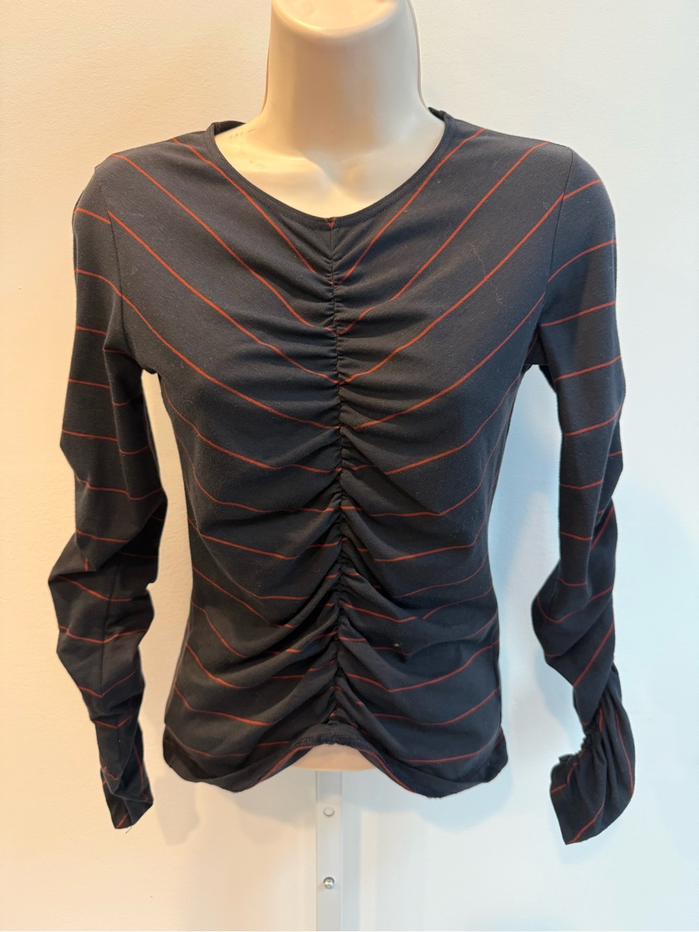 Rene Lezard Black Long-Sleeve Ruched Top Red Stripes Grunge Women Size XS